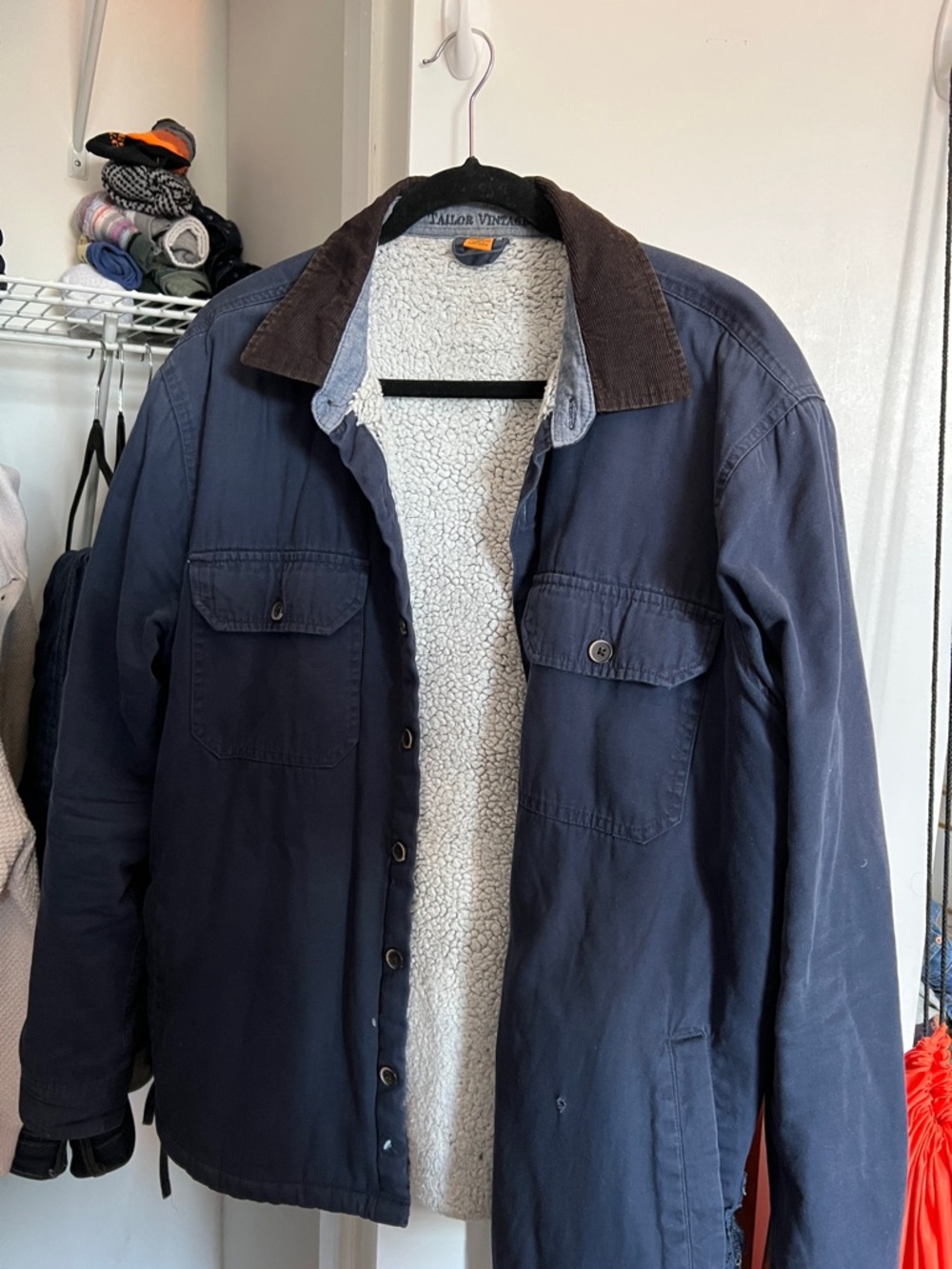 Tailor Vintage Navy Jacket with Brown Corduroy Collar